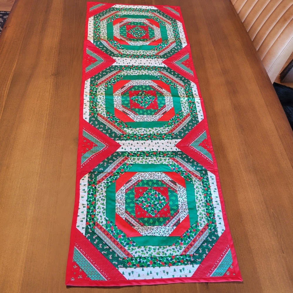 VTG Handmade Quilted Christmas Table Runner Patchwork Reversible Red Green 45x15
